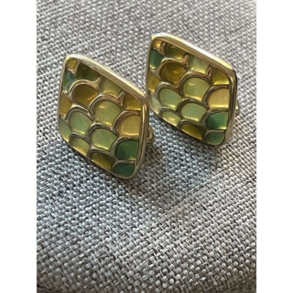 Vintage Stained Glass Clip On Earrings Art To Wear Retro Gold Tone Career Office